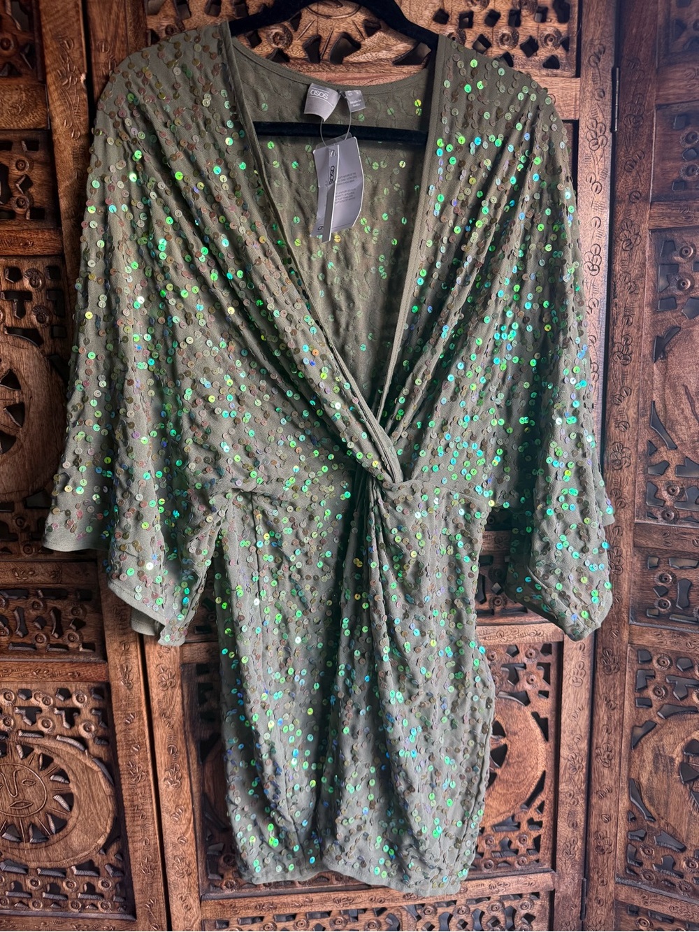 NWT ASOS Green Sequin Knot Front Kimono Mini Dress 4